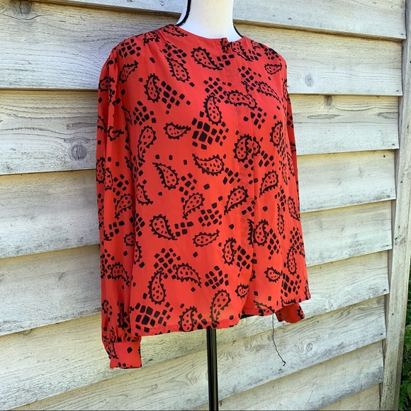 Vintage 80s Orange Block Paisley Print Long Puff Sleeve Button Down Popover Top - Picture 2 of 16